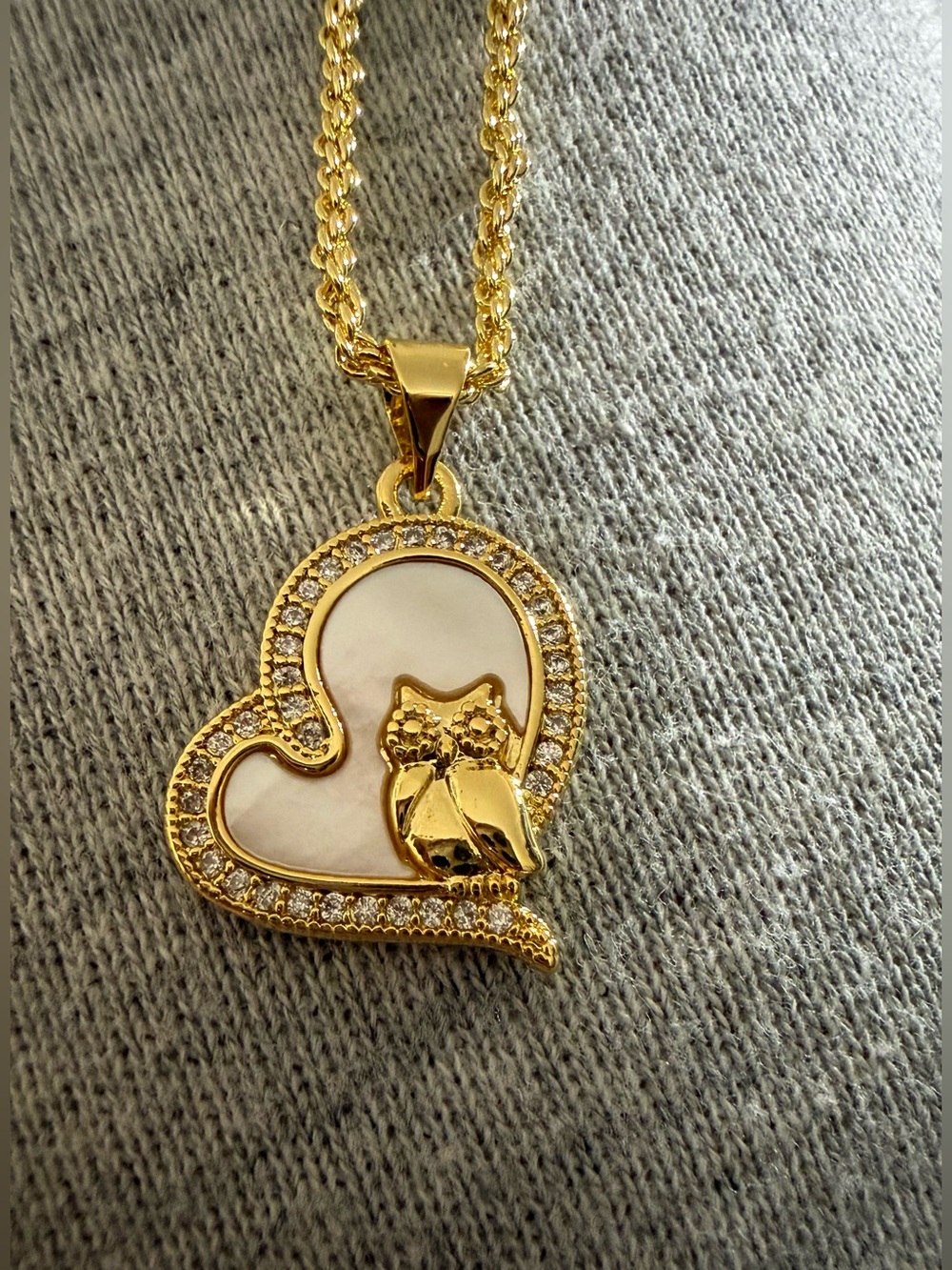 Gold Plated Heart & Owl Pendant Necklace with Mother-of-Pearl Inset